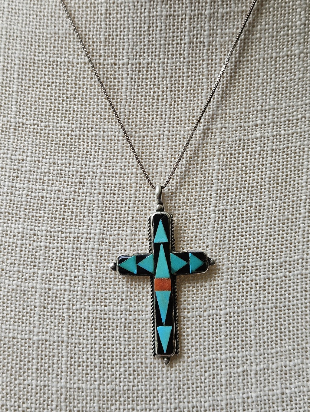 Vintage Zuni Turquoise, Onyx Inlay Cross Necklace